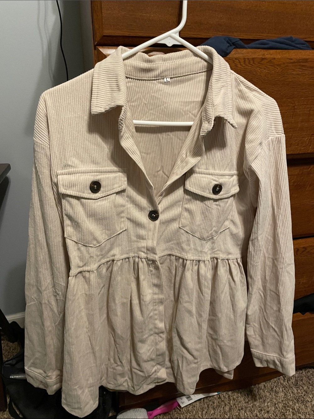 Woven Corduroy Button-Front Peplum shirt - Cream